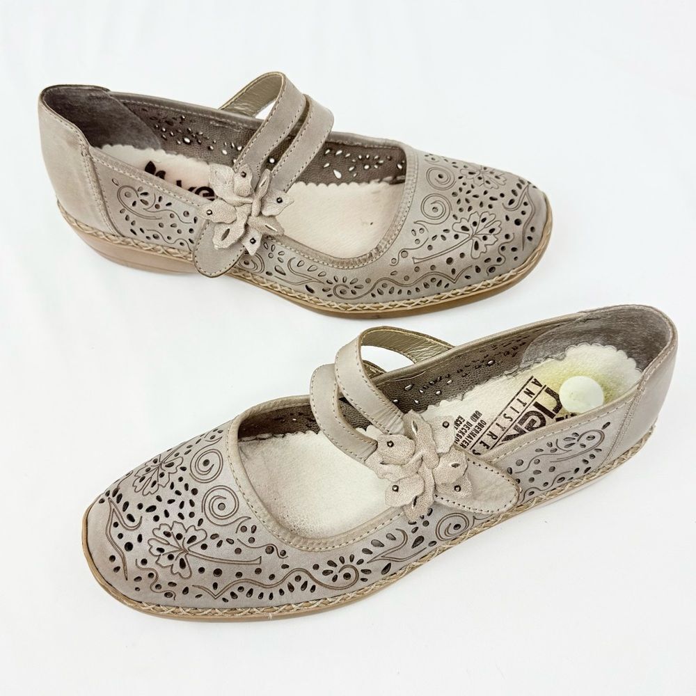 Rieker MIRJAM Taupe Gray Perforated Leather Slip On Mary Jane Shoes